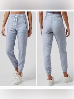 Athleta 100% Linen Cabo Jogger Pants sz 6 in Blue Chambray Coastal Resortwear